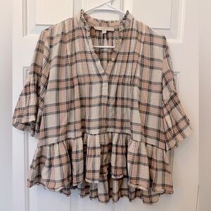 LOFT Checkered Ruffle Blouse - Pink and Cream